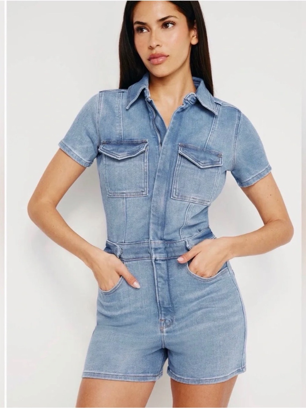 Good American Light Blue Denim Short Overalls Romper